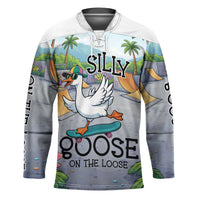 Funny Silly Goose on The Loose Hockey Jersey with Skateboard and Palm Trees