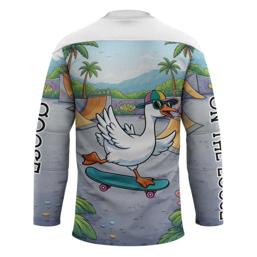 Funny Silly Goose on The Loose Hockey Jersey with Skateboard and Palm Trees