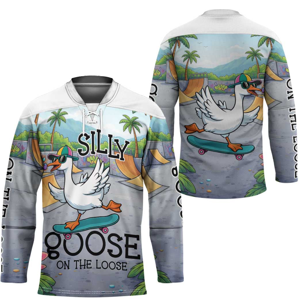 Funny Silly Goose on The Loose Hockey Jersey with Skateboard and Palm Trees