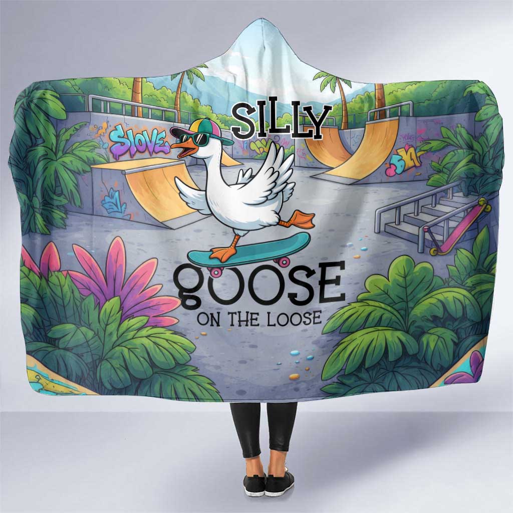 Funny Silly Goose on The Loose Hooded Blanket with Skateboard and Palm Trees