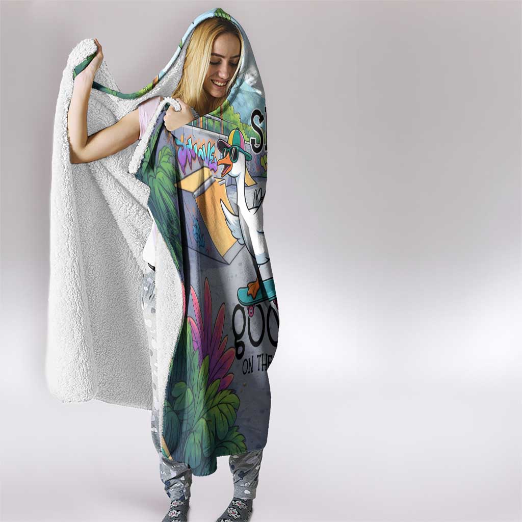 Funny Silly Goose on The Loose Hooded Blanket with Skateboard and Palm Trees