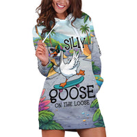 Funny Silly Goose on The Loose Hoodie Dress with Skateboard and Palm Trees