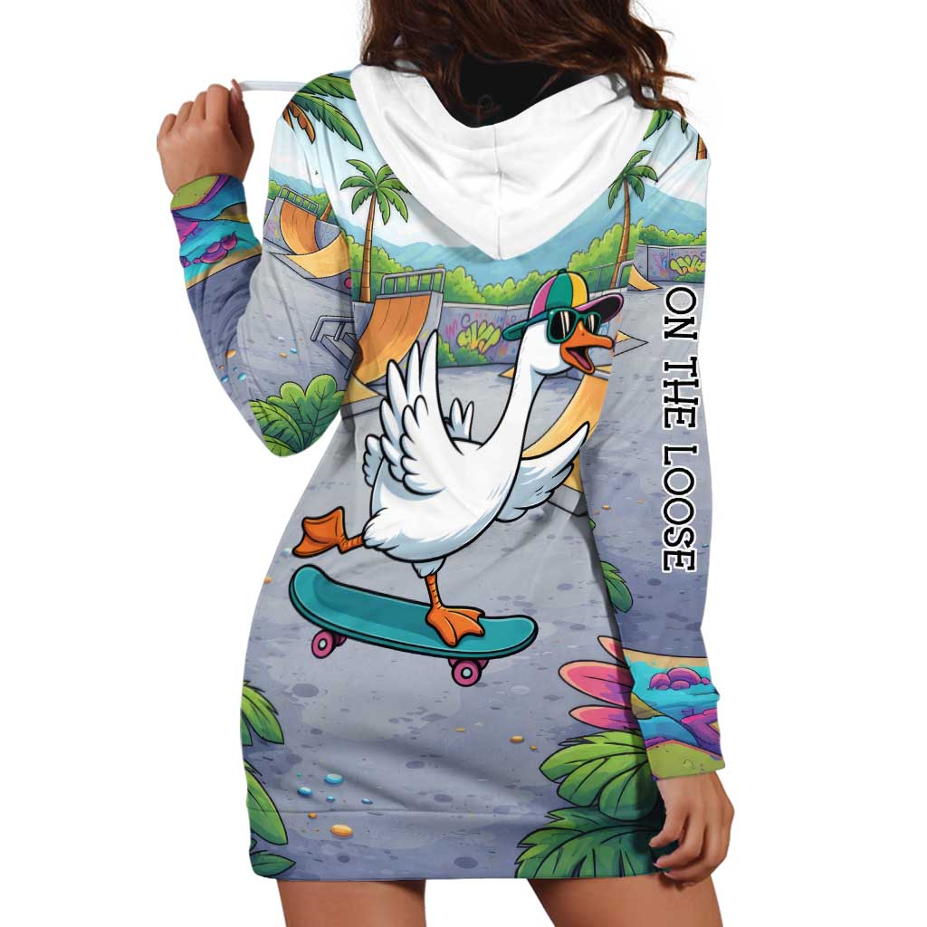 Funny Silly Goose on The Loose Hoodie Dress with Skateboard and Palm Trees