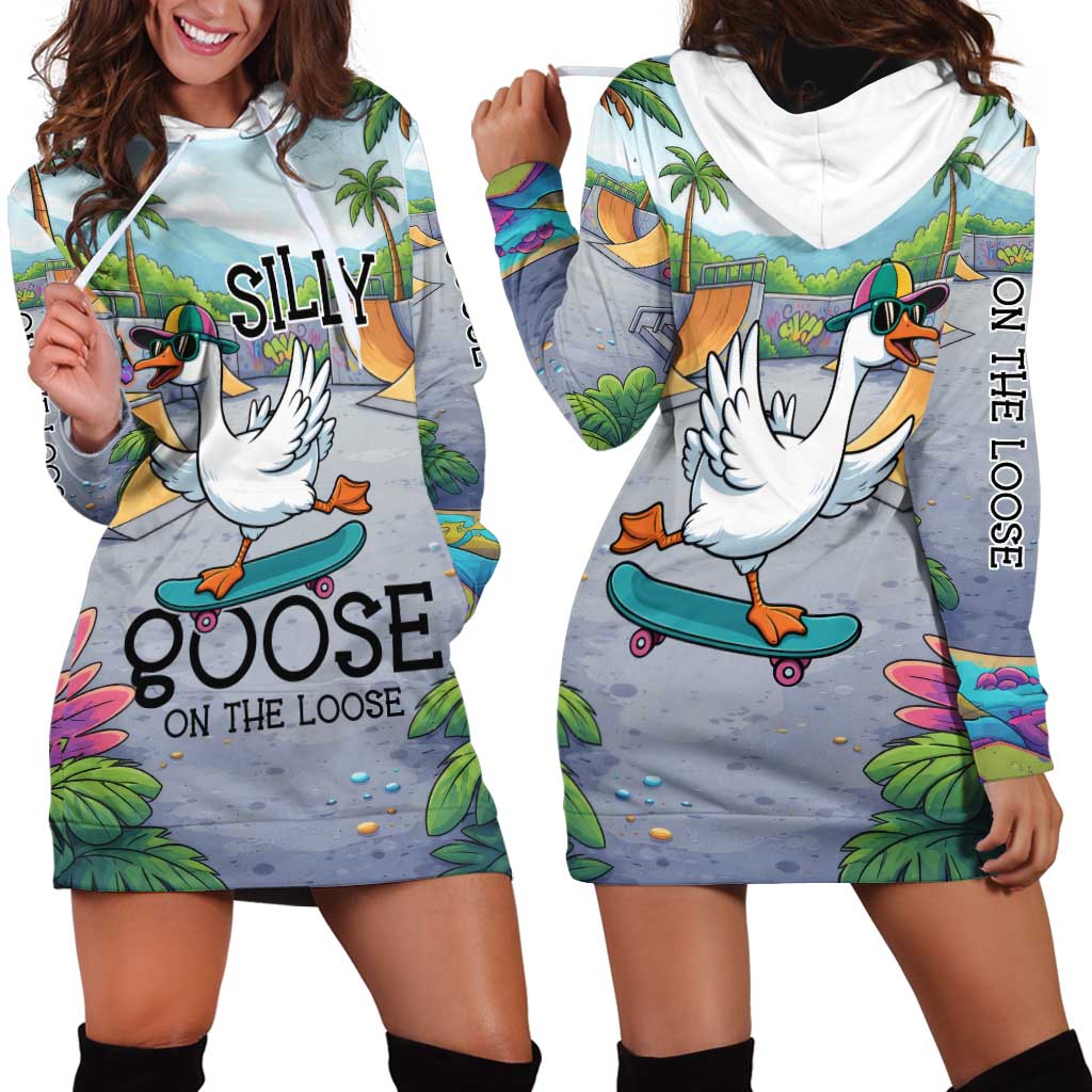 Funny Silly Goose on The Loose Hoodie Dress with Skateboard and Palm Trees