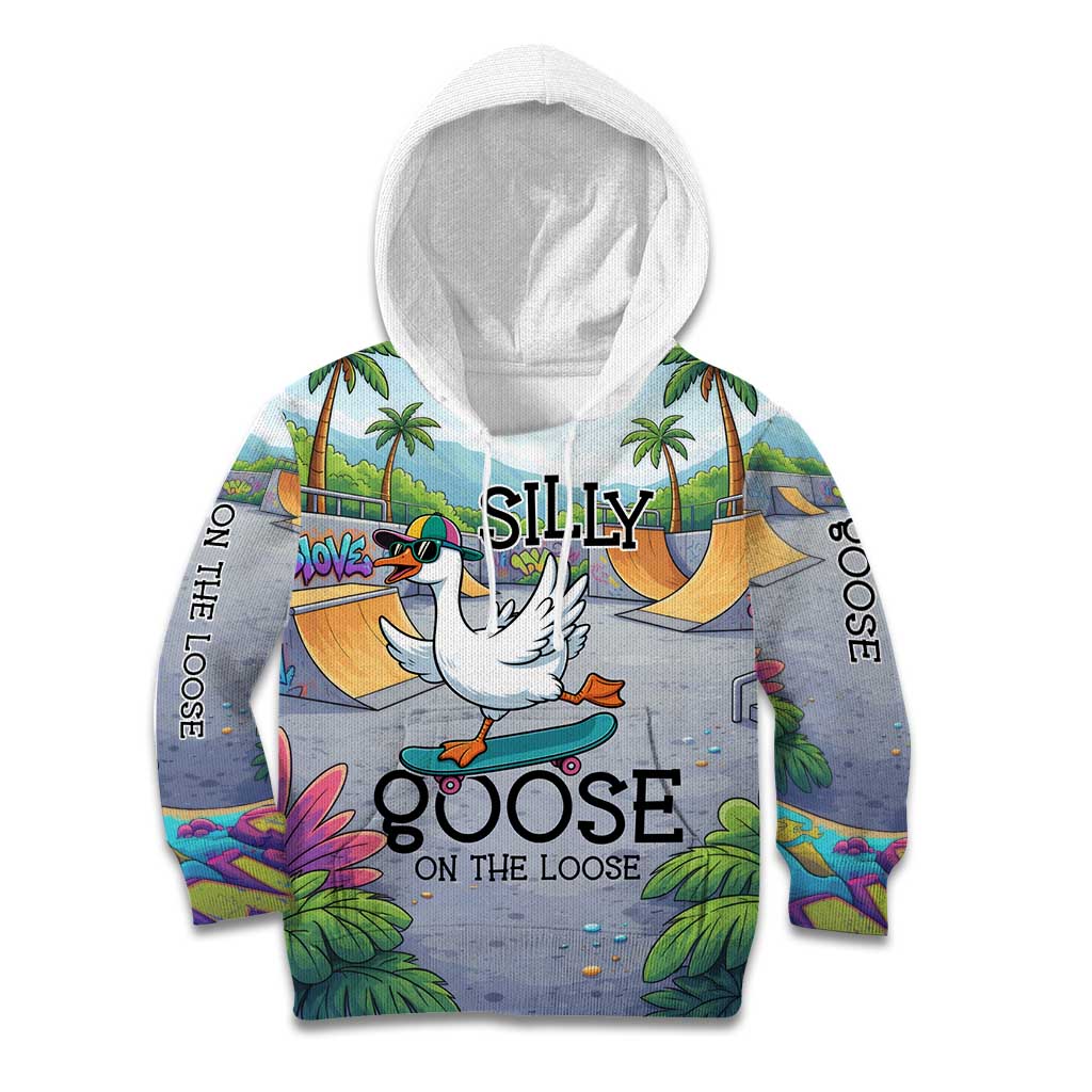 Funny Silly Goose on The Loose Kid Hoodie with Skateboard and Palm Trees