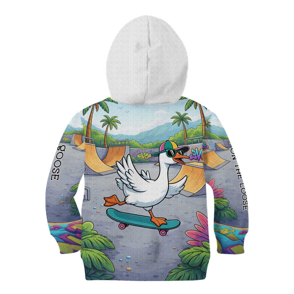Funny Silly Goose on The Loose Kid Hoodie with Skateboard and Palm Trees