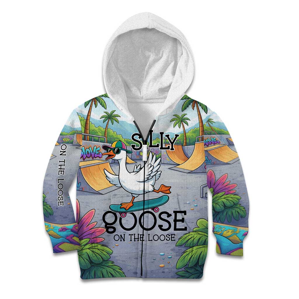Funny Silly Goose on The Loose Kid Hoodie with Skateboard and Palm Trees