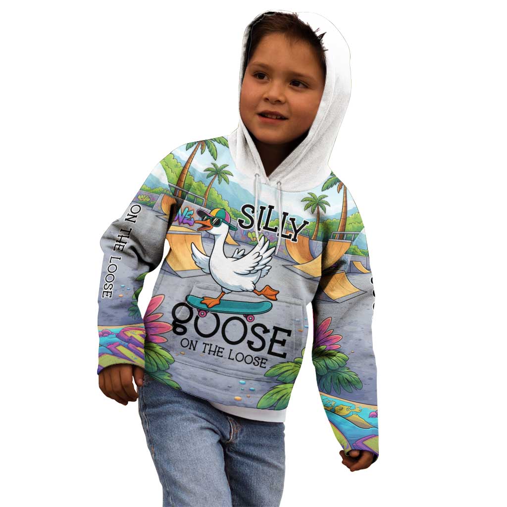 Funny Silly Goose on The Loose Kid Hoodie with Skateboard and Palm Trees