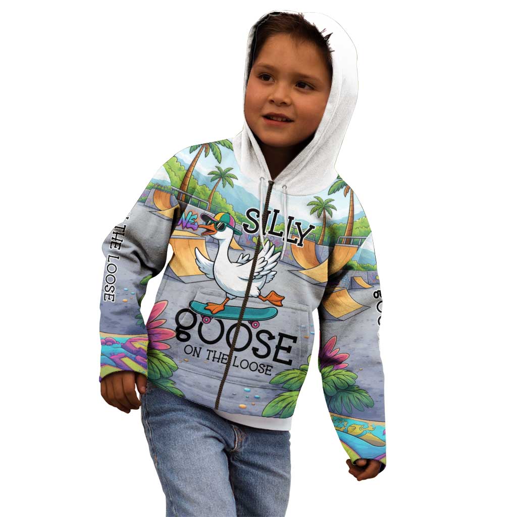 Funny Silly Goose on The Loose Kid Hoodie with Skateboard and Palm Trees