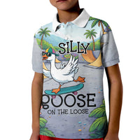 Funny Silly Goose on The Loose Kid Polo Shirt with Skateboard and Palm Trees
