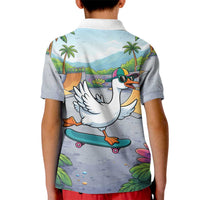 Funny Silly Goose on The Loose Kid Polo Shirt with Skateboard and Palm Trees