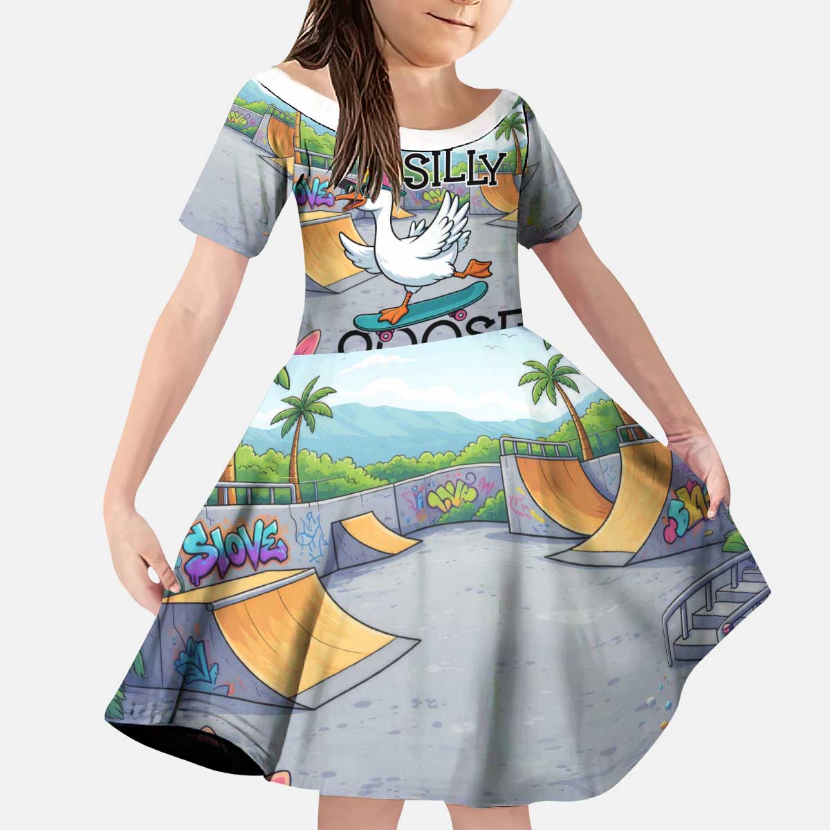 Funny Silly Goose on The Loose Kid Short Sleeve Dress with Skateboard and Palm Trees