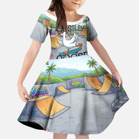 Funny Silly Goose on The Loose Kid Short Sleeve Dress with Skateboard and Palm Trees