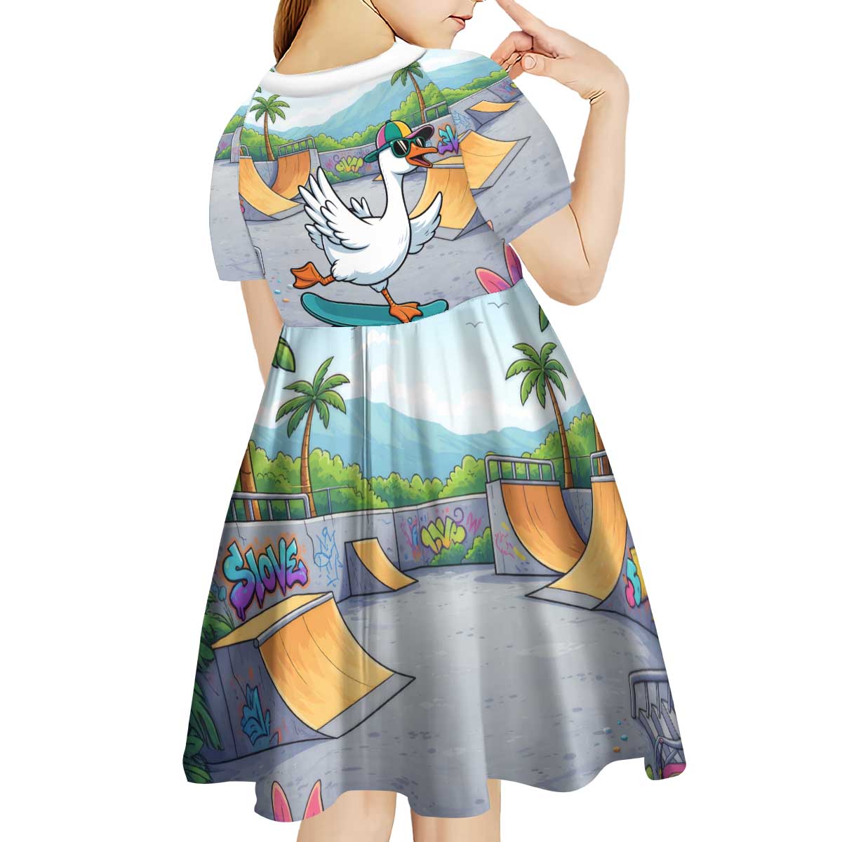 Funny Silly Goose on The Loose Kid Short Sleeve Dress with Skateboard and Palm Trees