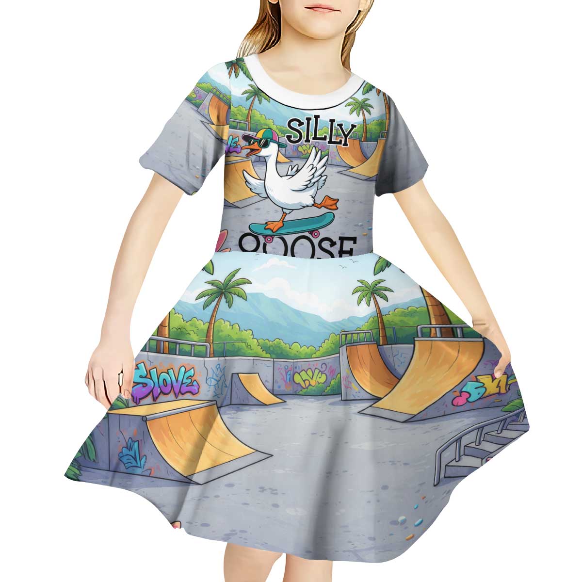 Funny Silly Goose on The Loose Kid Short Sleeve Dress with Skateboard and Palm Trees
