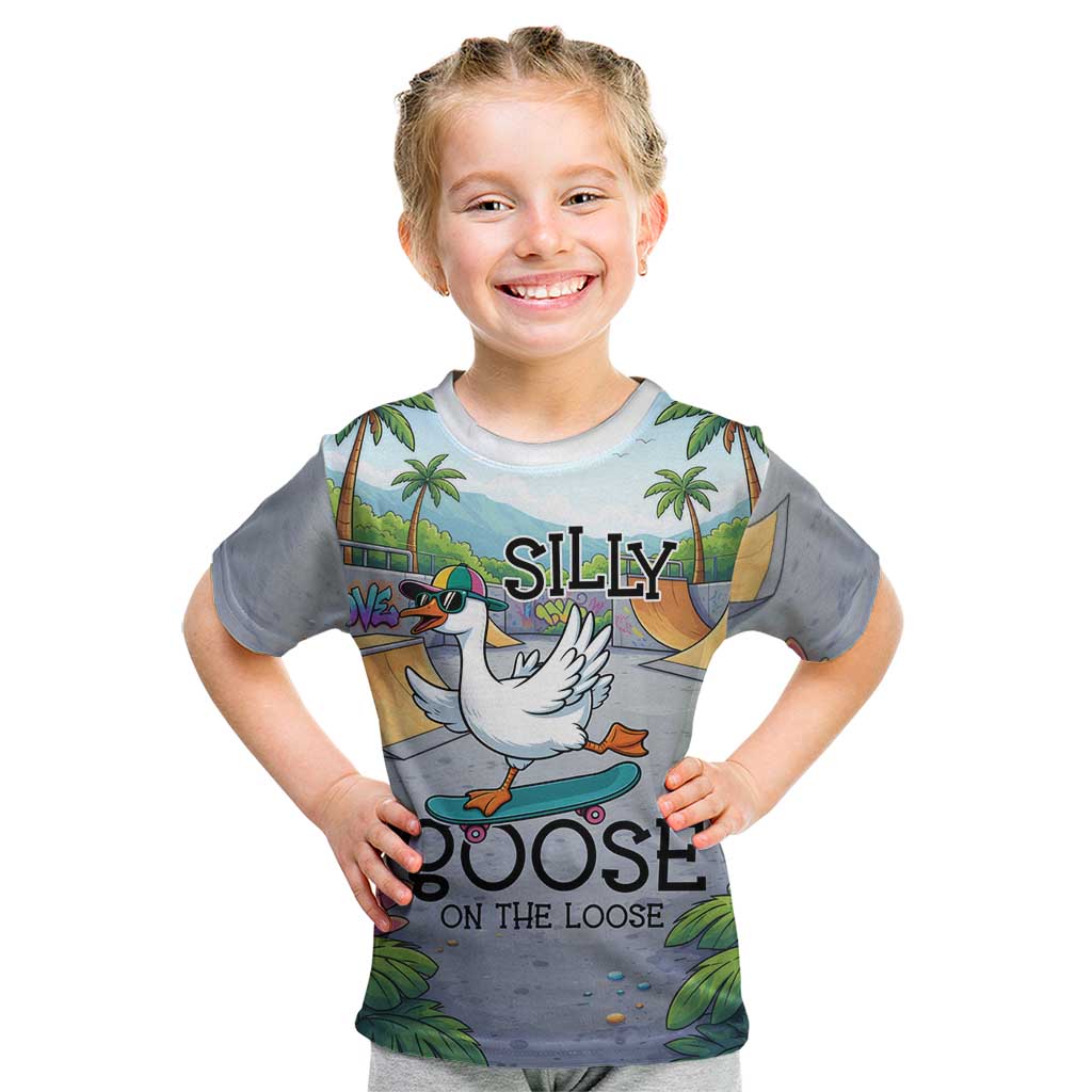 Funny Silly Goose on The Loose Kid T Shirt with Skateboard and Palm Trees
