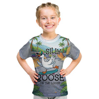 Funny Silly Goose on The Loose Kid T Shirt with Skateboard and Palm Trees