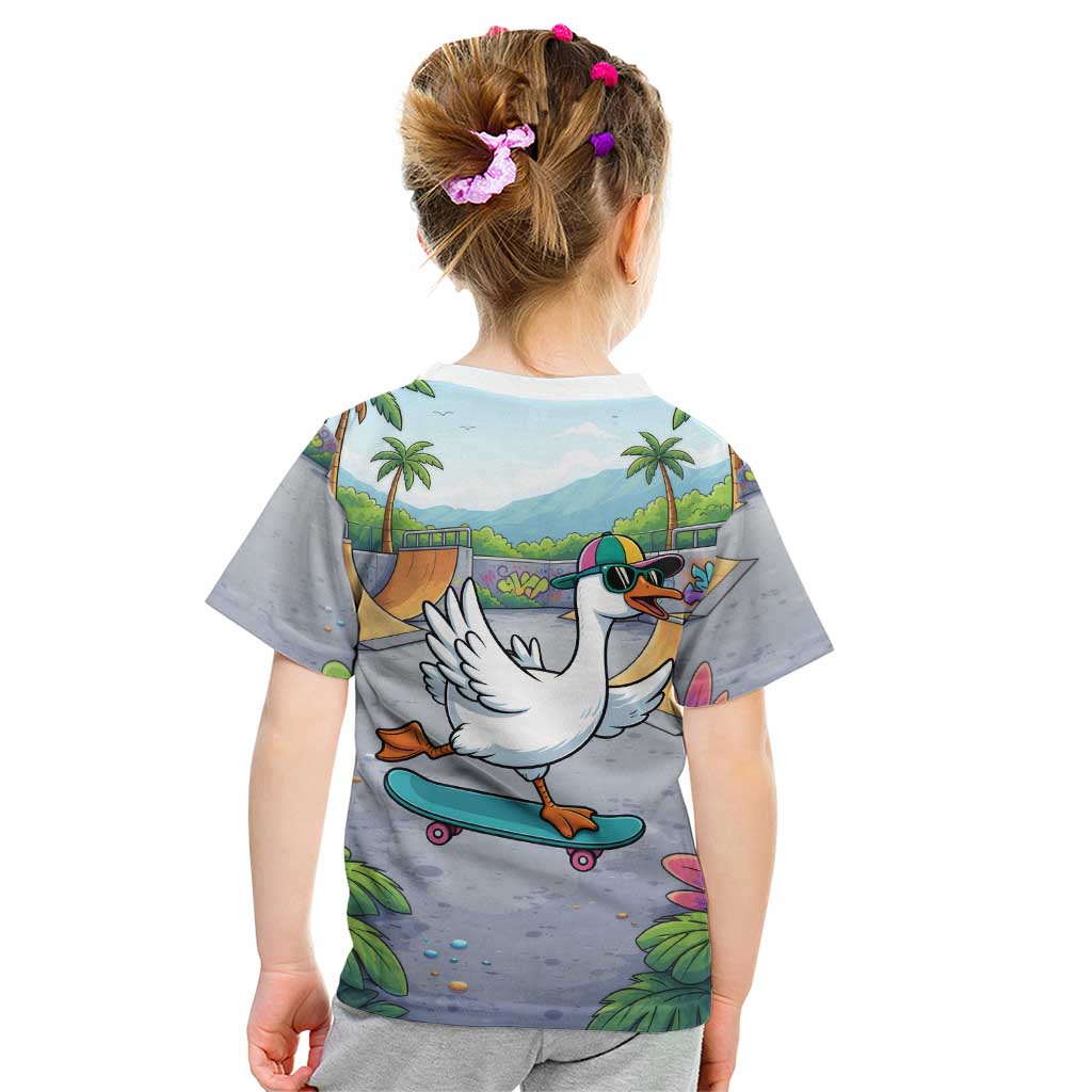 Funny Silly Goose on The Loose Kid T Shirt with Skateboard and Palm Trees