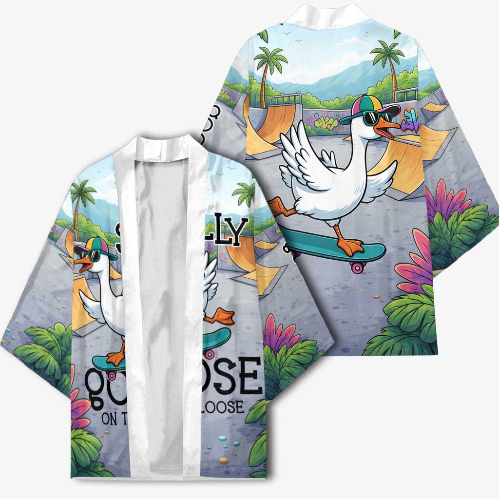 Funny Silly Goose on The Loose Kimono with Skateboard and Palm Trees