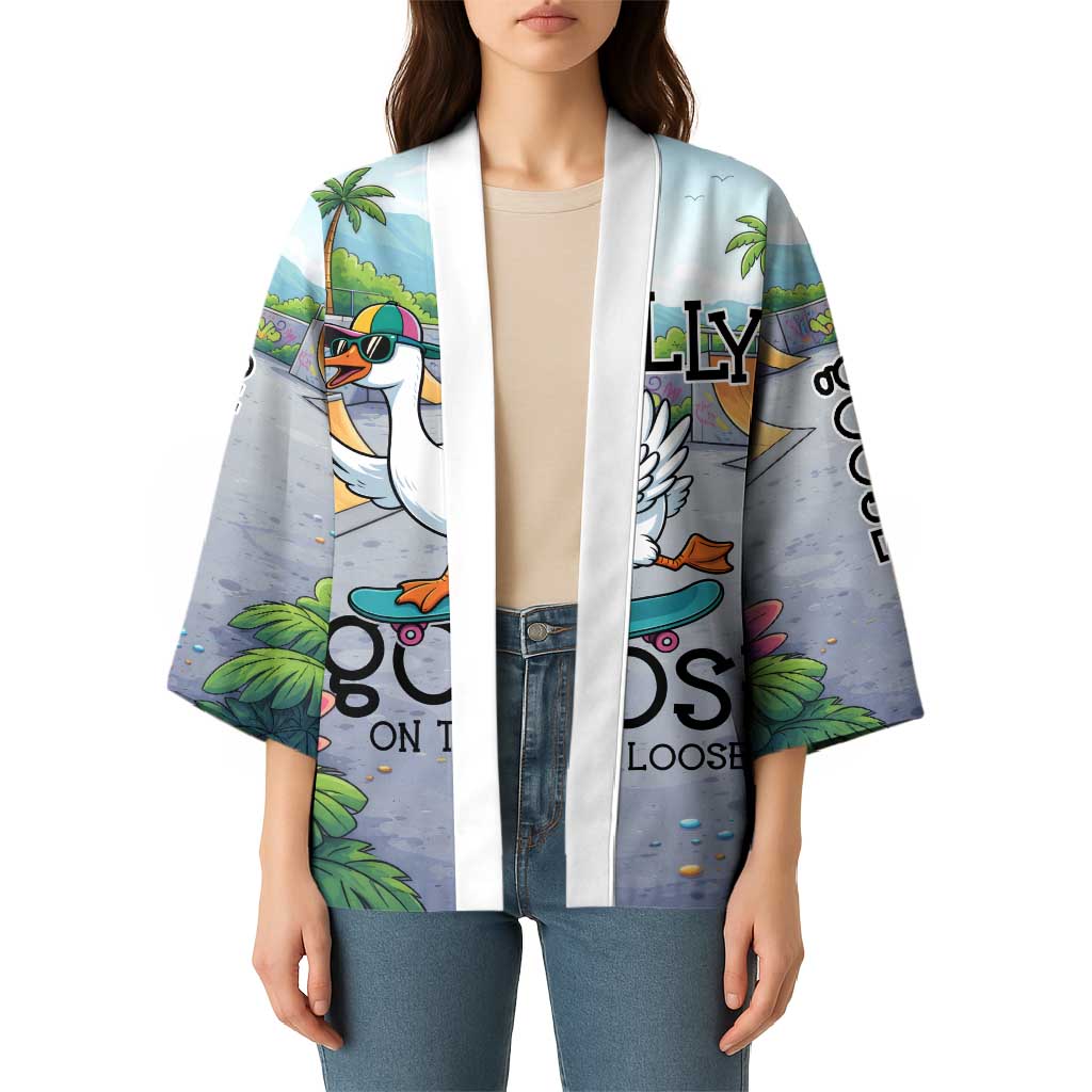 Funny Silly Goose on The Loose Kimono with Skateboard and Palm Trees