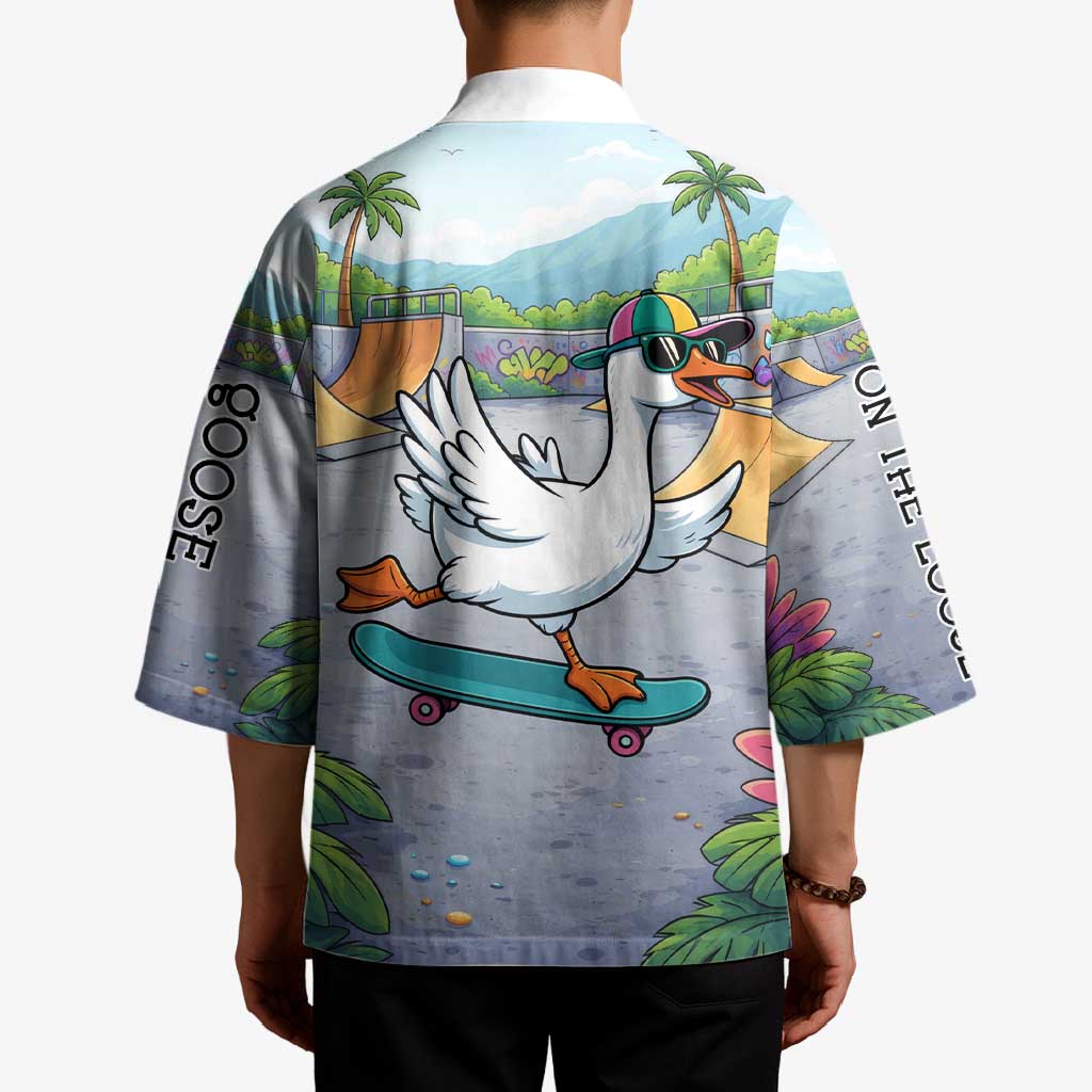 Funny Silly Goose on The Loose Kimono with Skateboard and Palm Trees