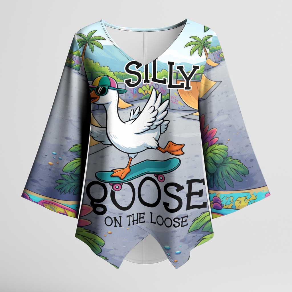 Funny Silly Goose on The Loose Kimono Sleeve Blouse with Skateboard and Palm Trees