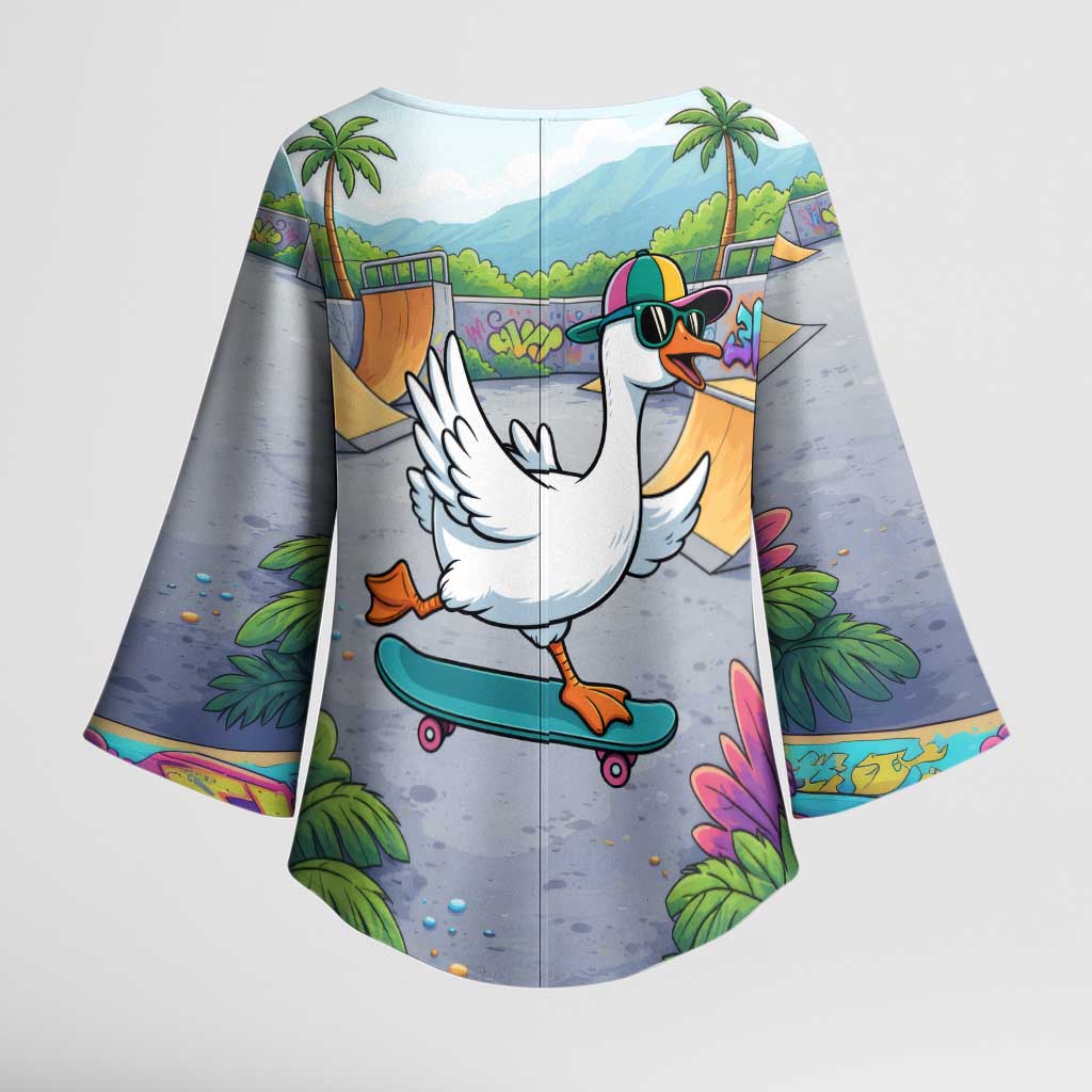 Funny Silly Goose on The Loose Kimono Sleeve Blouse with Skateboard and Palm Trees