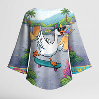 Funny Silly Goose on The Loose Kimono Sleeve Blouse with Skateboard and Palm Trees