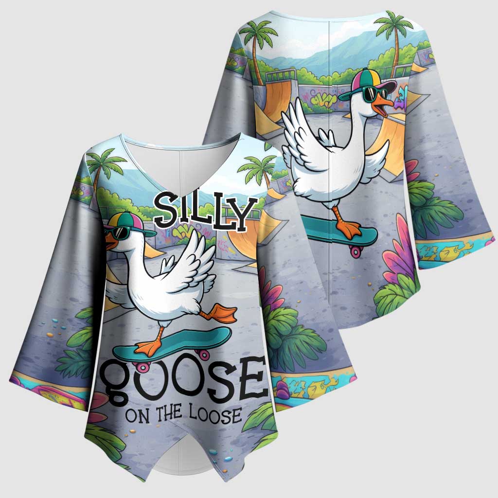 Funny Silly Goose on The Loose Kimono Sleeve Blouse with Skateboard and Palm Trees