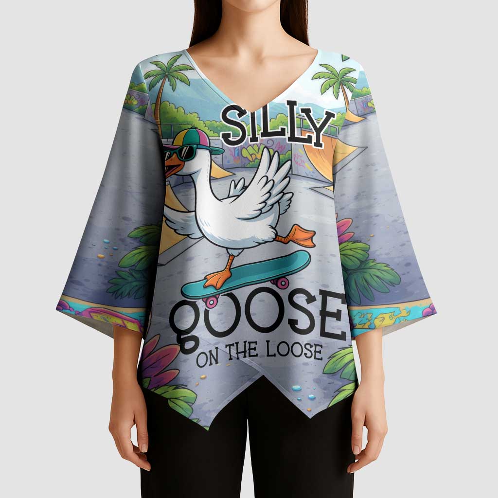 Funny Silly Goose on The Loose Kimono Sleeve Blouse with Skateboard and Palm Trees