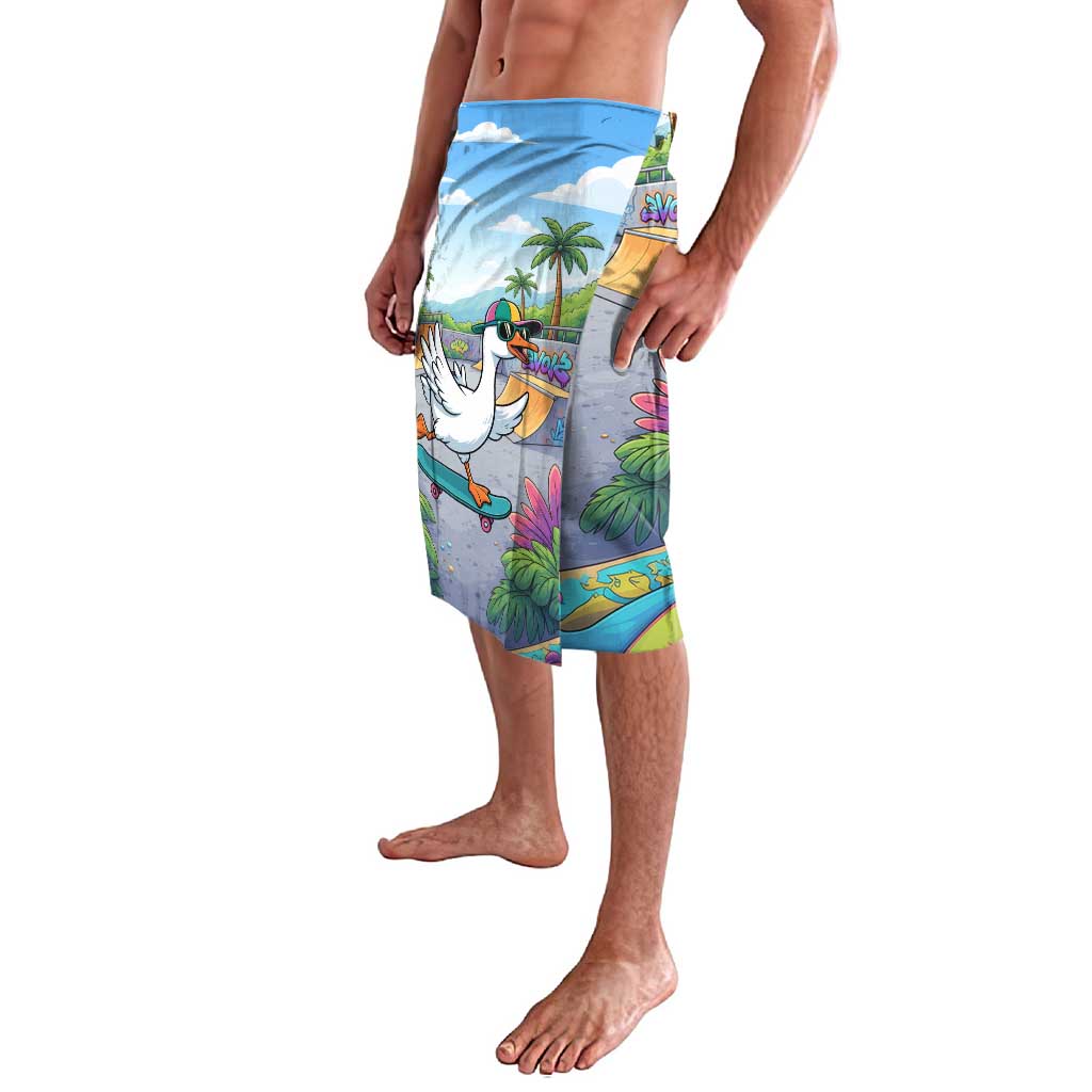 Funny Silly Goose on The Loose Lavalava with Skateboard and Palm Trees