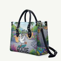 Funny Silly Goose on The Loose Leather Bag with Skateboard and Palm Trees