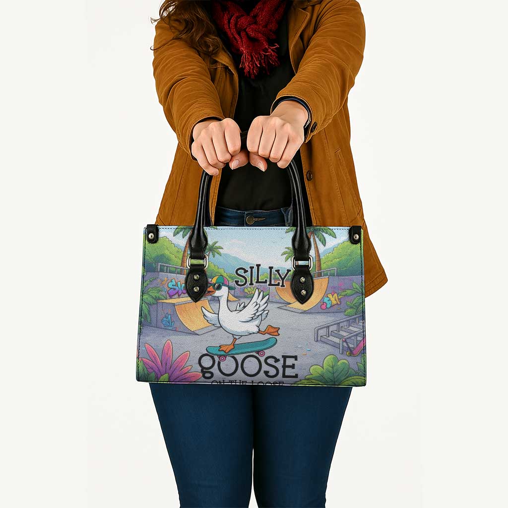 Funny Silly Goose on The Loose Leather Bag with Skateboard and Palm Trees
