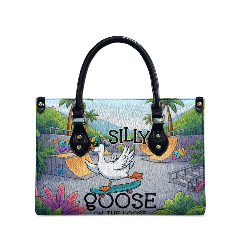 Funny Silly Goose on The Loose Leather Bag with Skateboard and Palm Trees