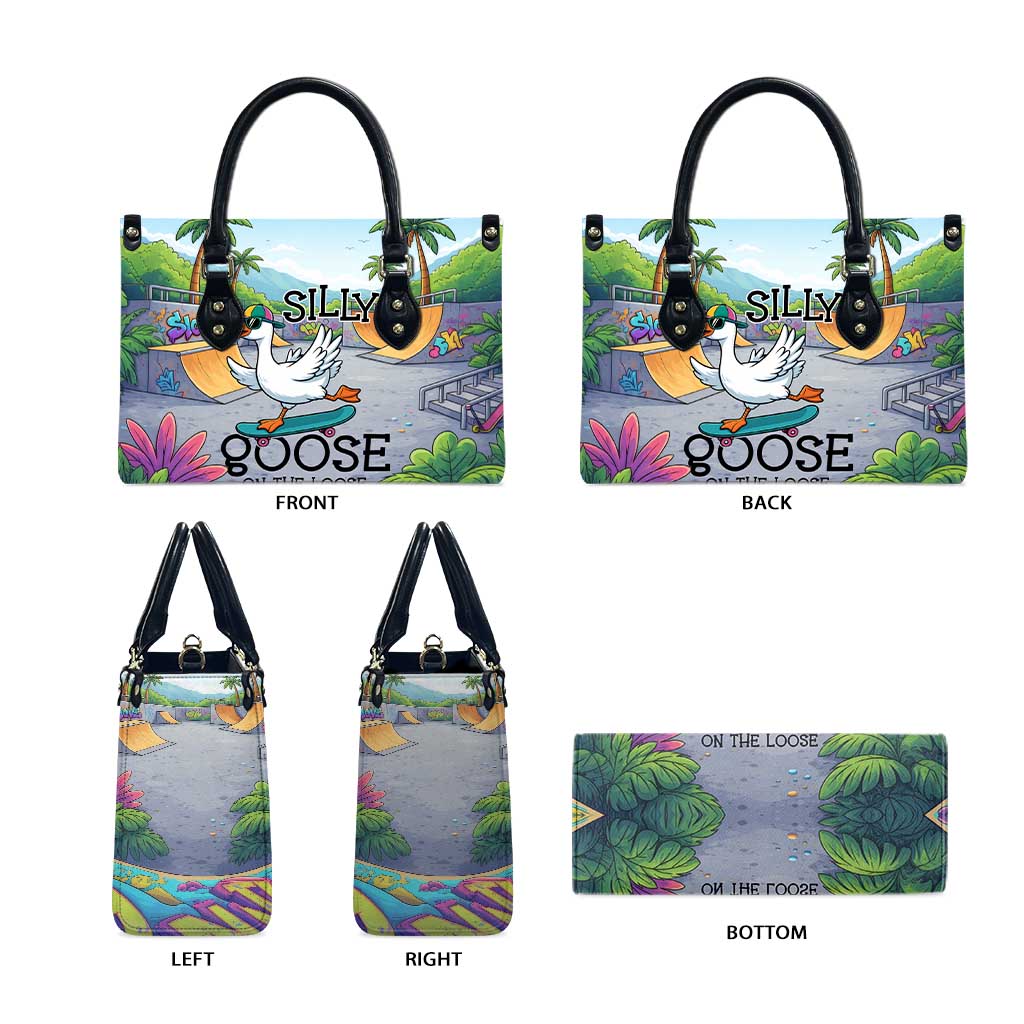 Funny Silly Goose on The Loose Leather Bag with Skateboard and Palm Trees