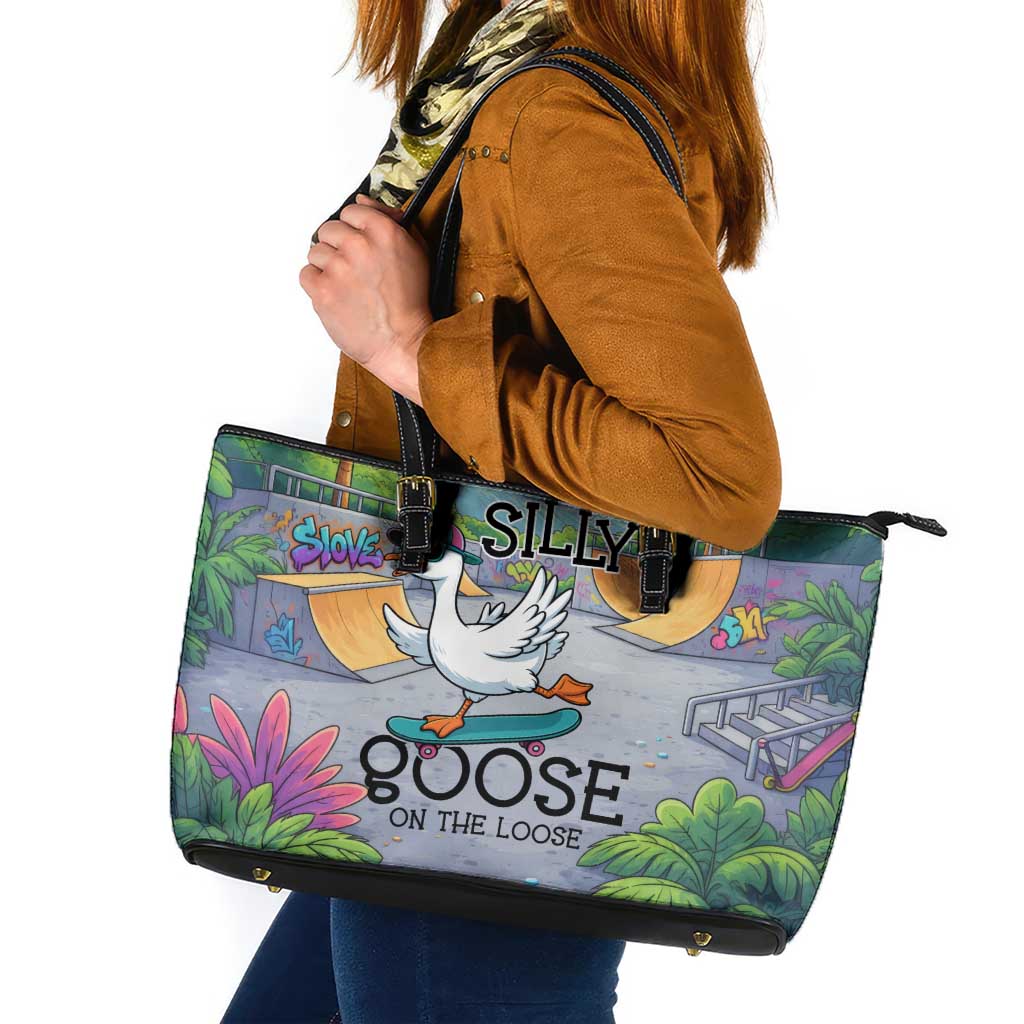 Funny Silly Goose on The Loose Leather Tote Bag with Skateboard and Palm Trees