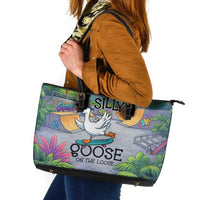 Funny Silly Goose on The Loose Leather Tote Bag with Skateboard and Palm Trees
