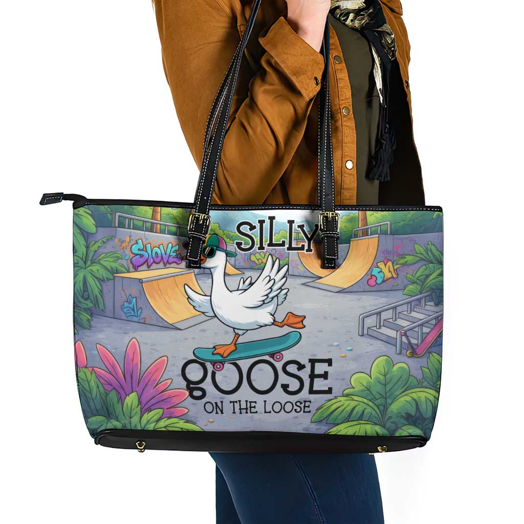Funny Silly Goose on The Loose Leather Tote Bag with Skateboard and Palm Trees