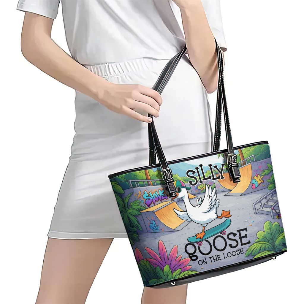 Funny Silly Goose on The Loose Leather Tote Bag with Skateboard and Palm Trees