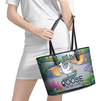 Funny Silly Goose on The Loose Leather Tote Bag with Skateboard and Palm Trees