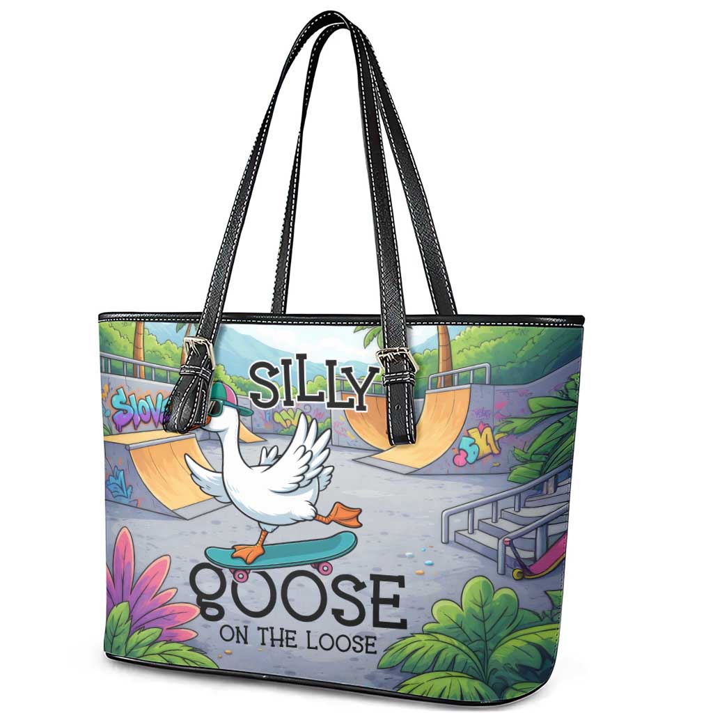 Funny Silly Goose on The Loose Leather Tote Bag with Skateboard and Palm Trees
