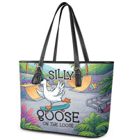 Funny Silly Goose on The Loose Leather Tote Bag with Skateboard and Palm Trees