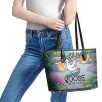 Funny Silly Goose on The Loose Leather Tote Bag with Skateboard and Palm Trees