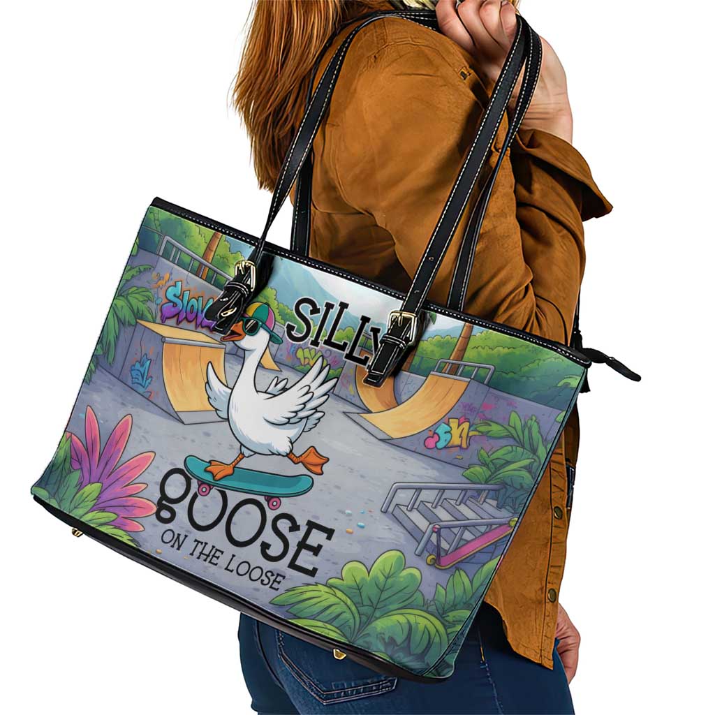 Funny Silly Goose on The Loose Leather Tote Bag with Skateboard and Palm Trees