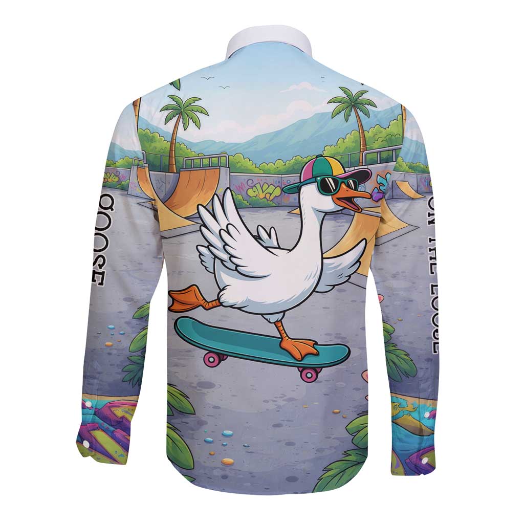 Funny Silly Goose on The Loose Long Sleeve Button Shirt with Skateboard and Palm Trees