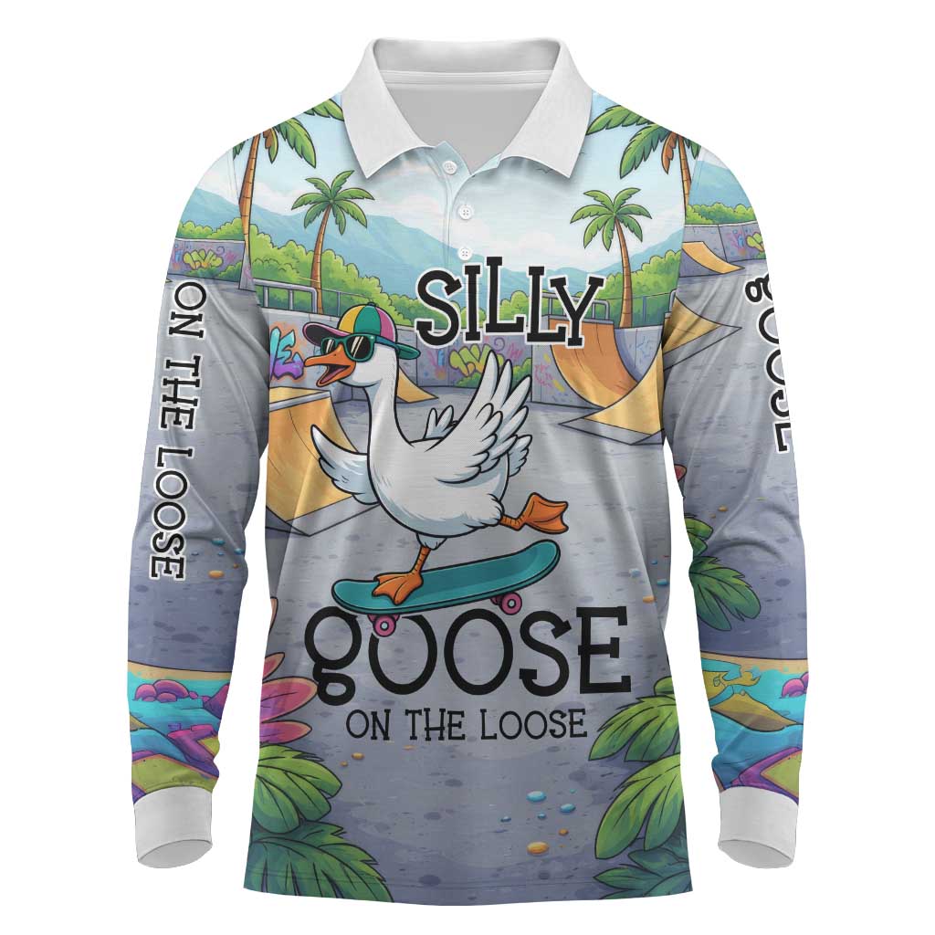 Funny Silly Goose on The Loose Long Sleeve Polo Shirt with Skateboard and Palm Trees