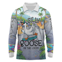 Funny Silly Goose on The Loose Long Sleeve Polo Shirt with Skateboard and Palm Trees