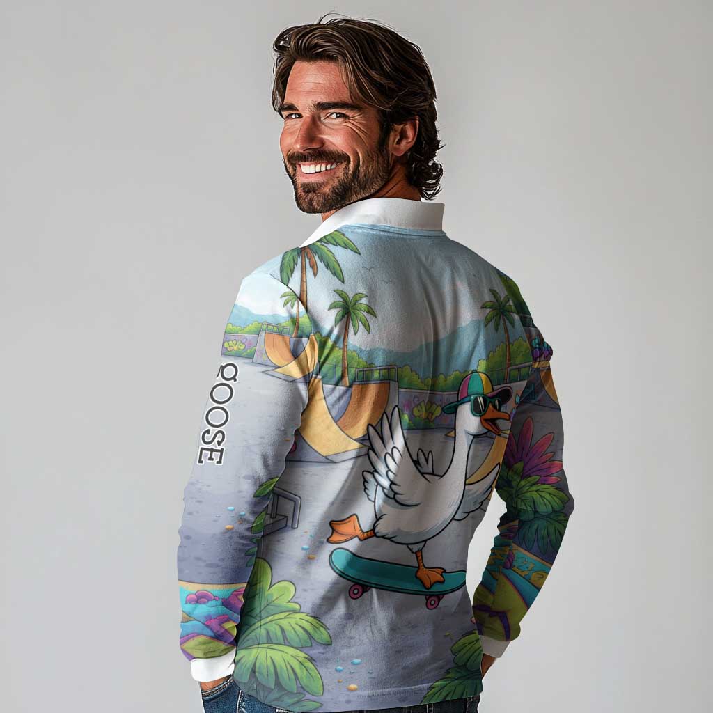 Funny Silly Goose on The Loose Long Sleeve Polo Shirt with Skateboard and Palm Trees