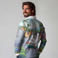 Funny Silly Goose on The Loose Long Sleeve Polo Shirt with Skateboard and Palm Trees