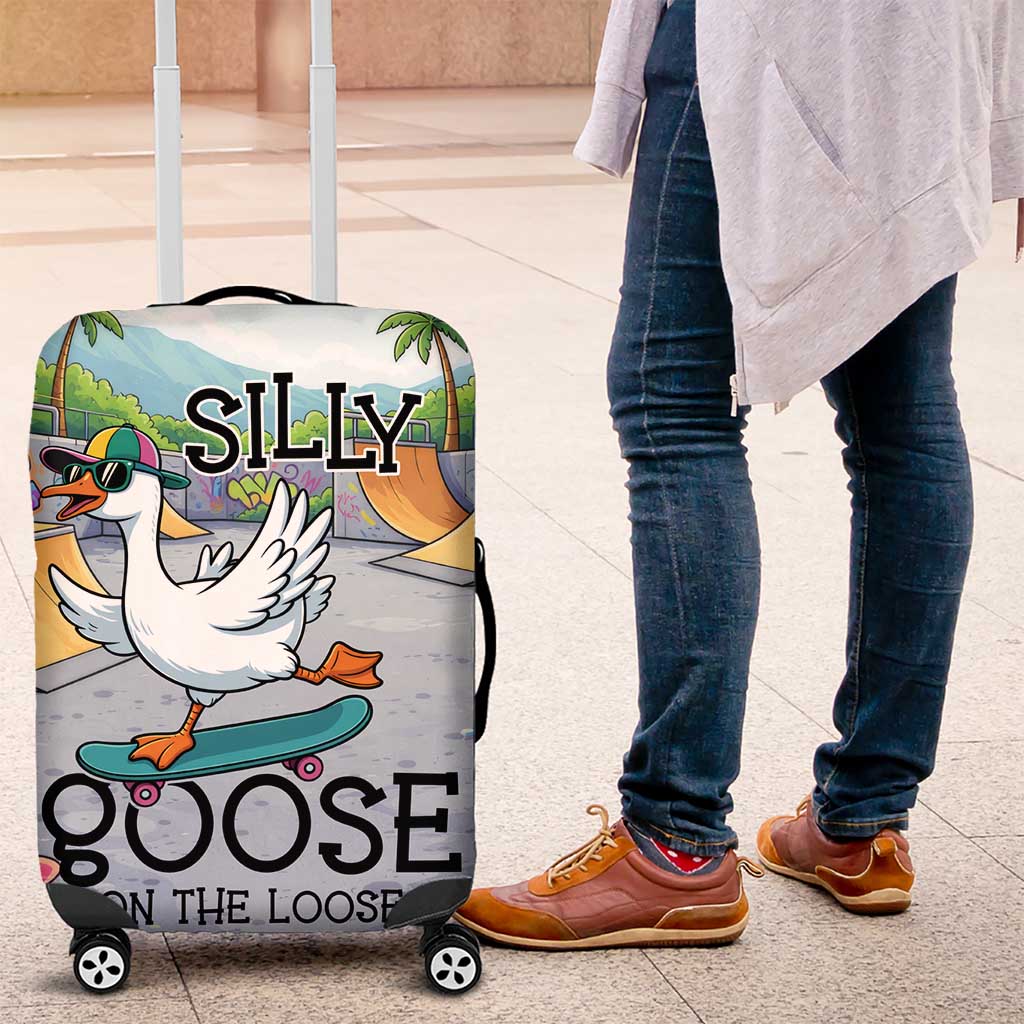 Funny Silly Goose on The Loose Luggage Cover with Skateboard and Palm Trees